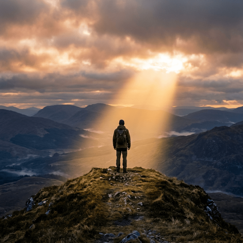 Hiker standing on a mountain ridge illuminated by a shaft of sunlight