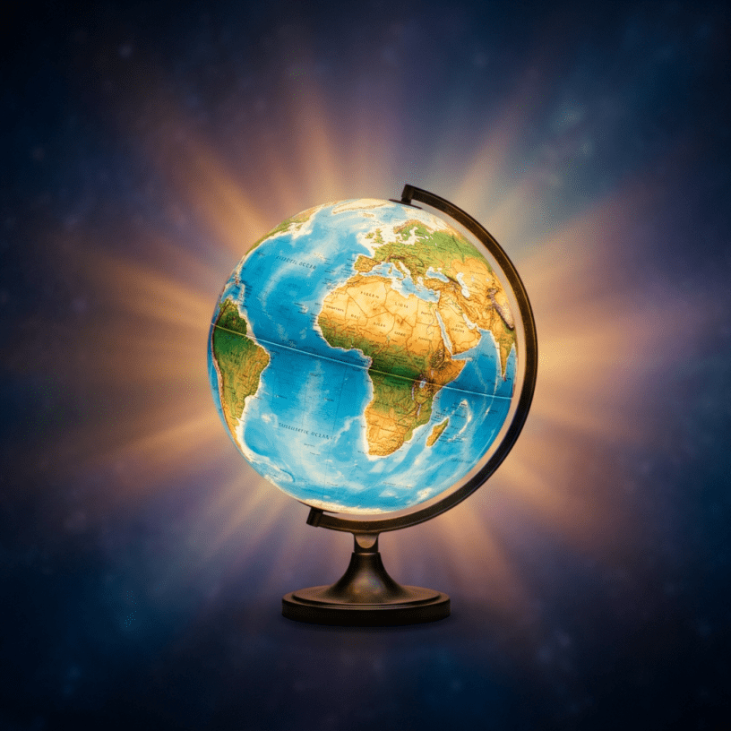 Globe showing Africa, Europe, and parts of Asia and South America illuminated on a stand