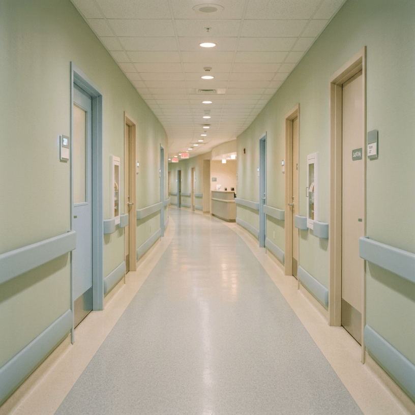 Long hospital hallway with multiple patient room doors and soft green walls