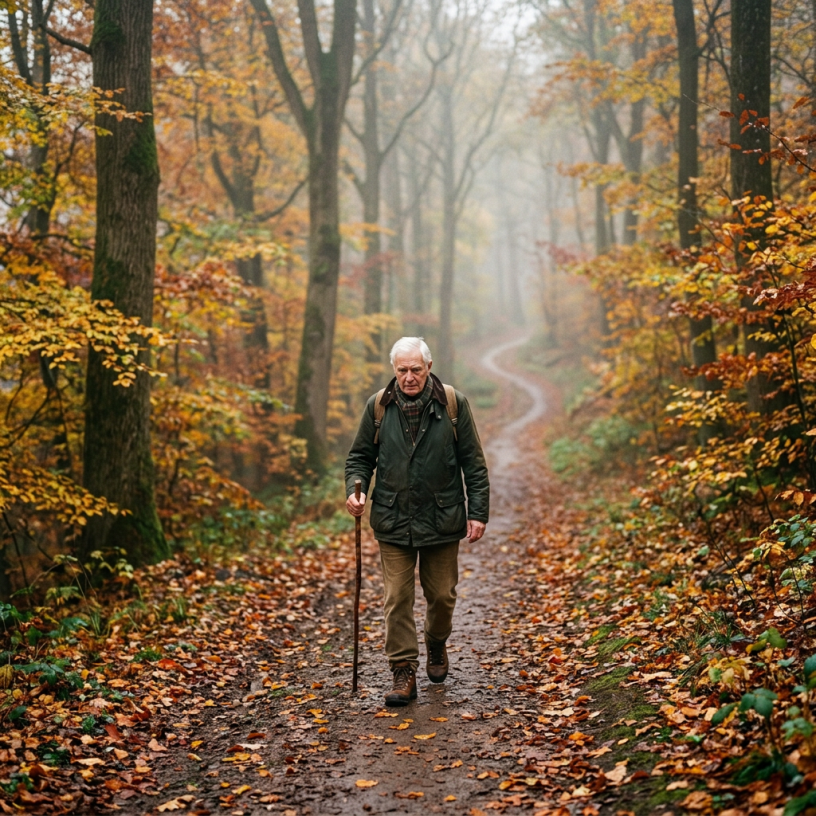 Elderly man hiking alone on a leaf-covered forest trail in autumn with a walking cane.