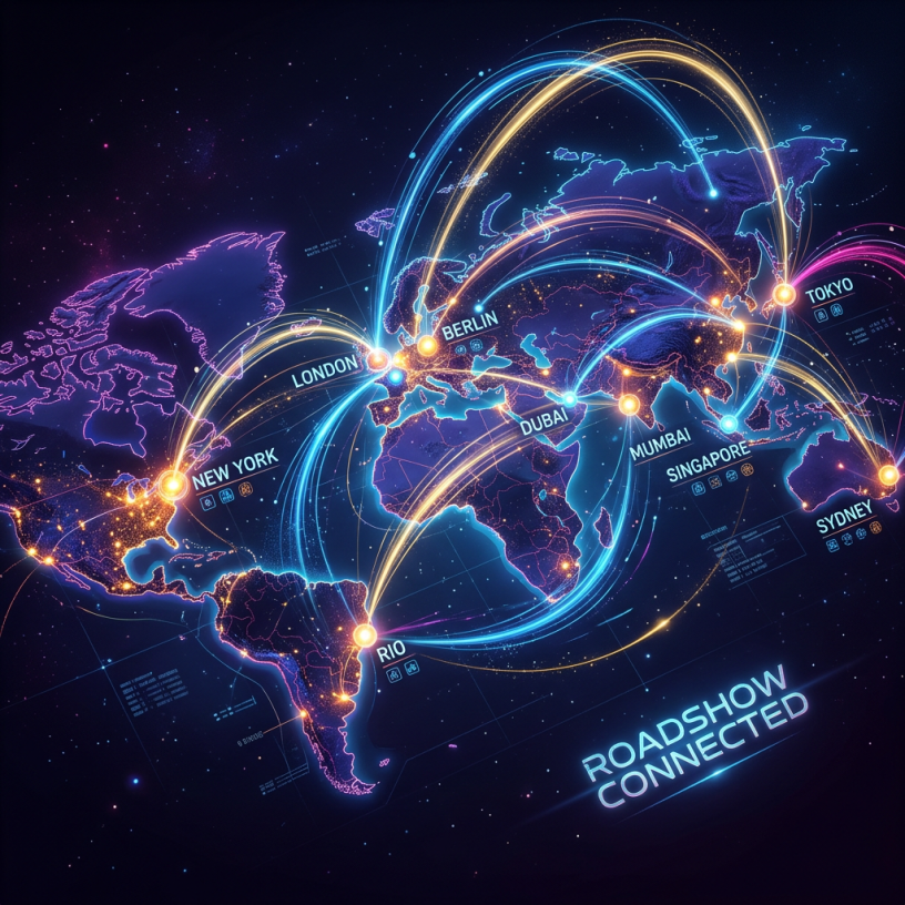World map highlighting global connections between New York, Rio, London, Berlin, Dubai, Mumbai, Singapore, Tokyo, and Sydney