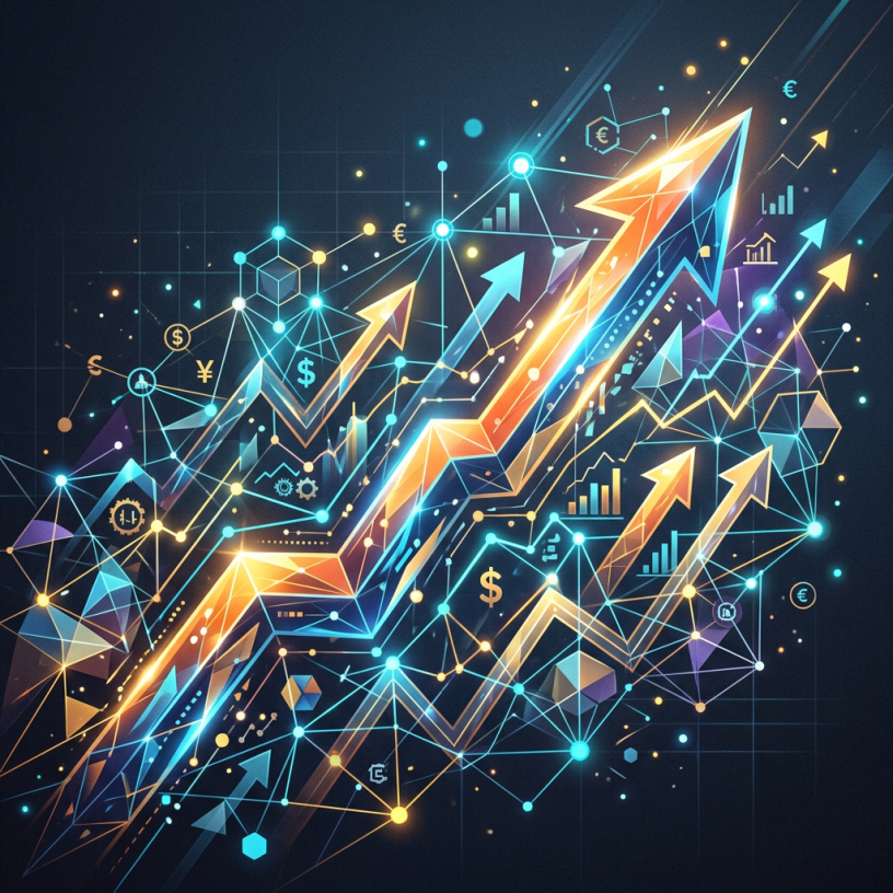 Multiple glowing arrows pointing upward among currency symbols and financial charts