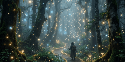Traveler walking on forest path surrounded by glowing lights and tall trees
