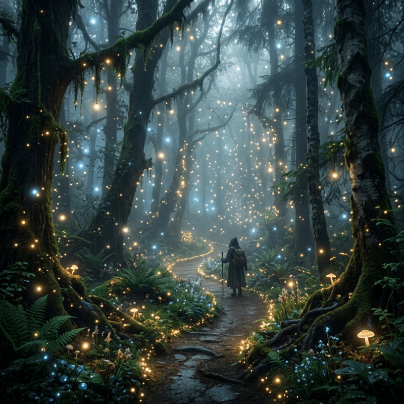 Traveler walking on forest path surrounded by glowing lights and tall trees
