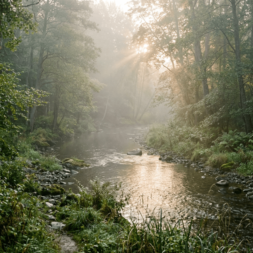 Misty forest stream with sunlight breaking through trees