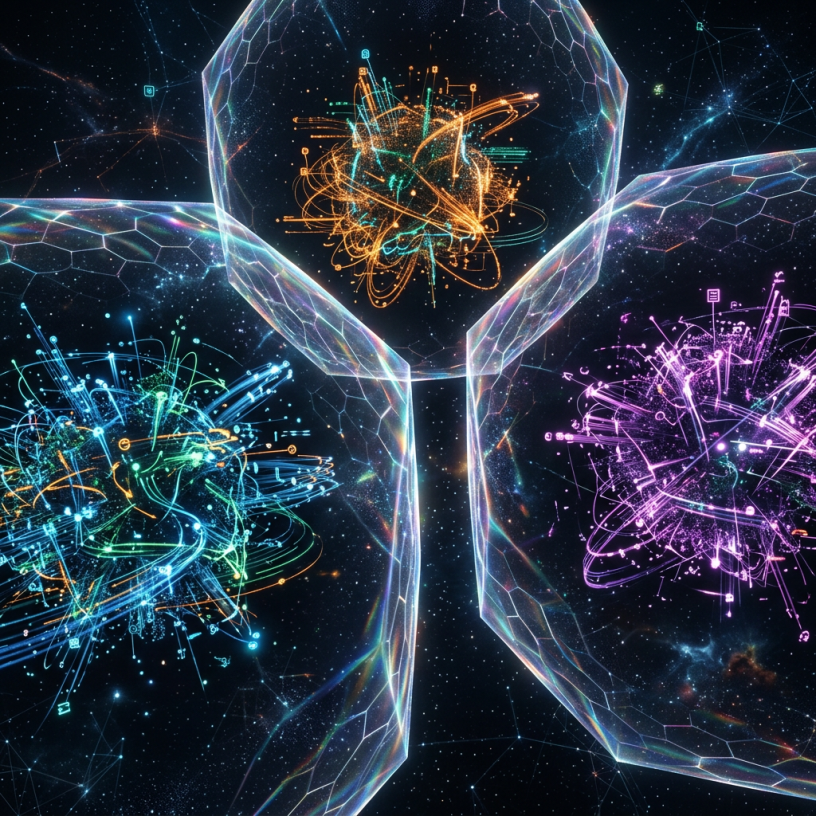 Three glowing quantum particles in blue, orange, and purple within hexagonal protective shells