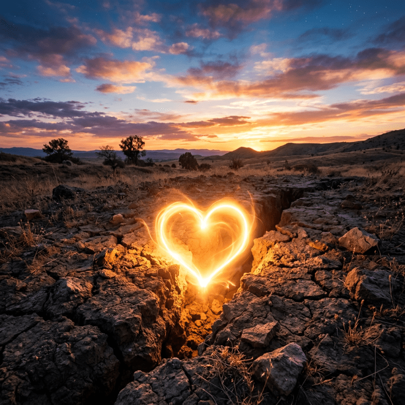 Glowing heart shape drawn with light over cracked dry earth at sunset