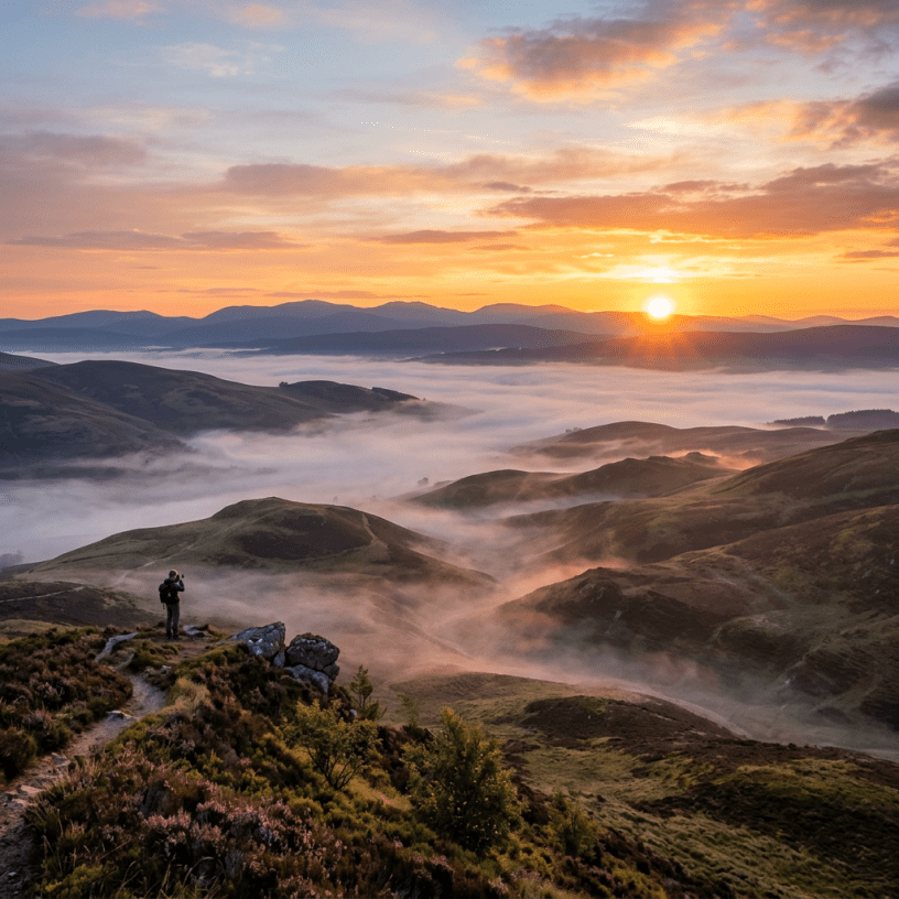 Photographer standing on a hill overlooking misty valleys and a sunrise.