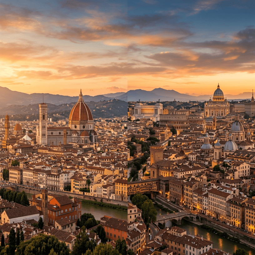 Panoramic cityscapes of Florence with the Duomo and Rome with St. Peter's Basilica at sunset