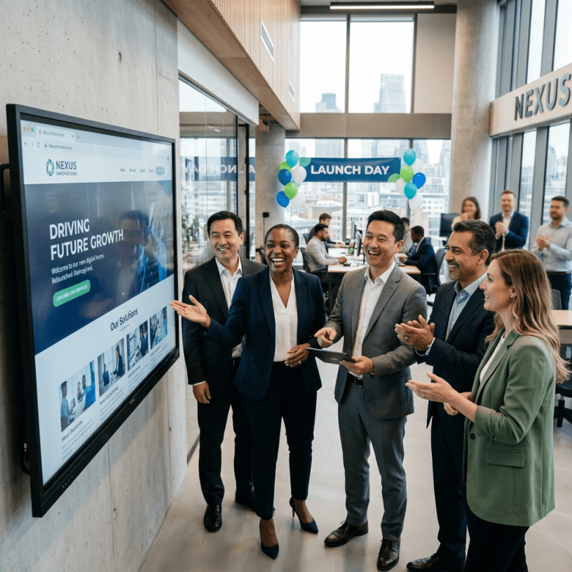 Business professionals gathered around a screen displaying 'Driving Future Growth' during a launch day event