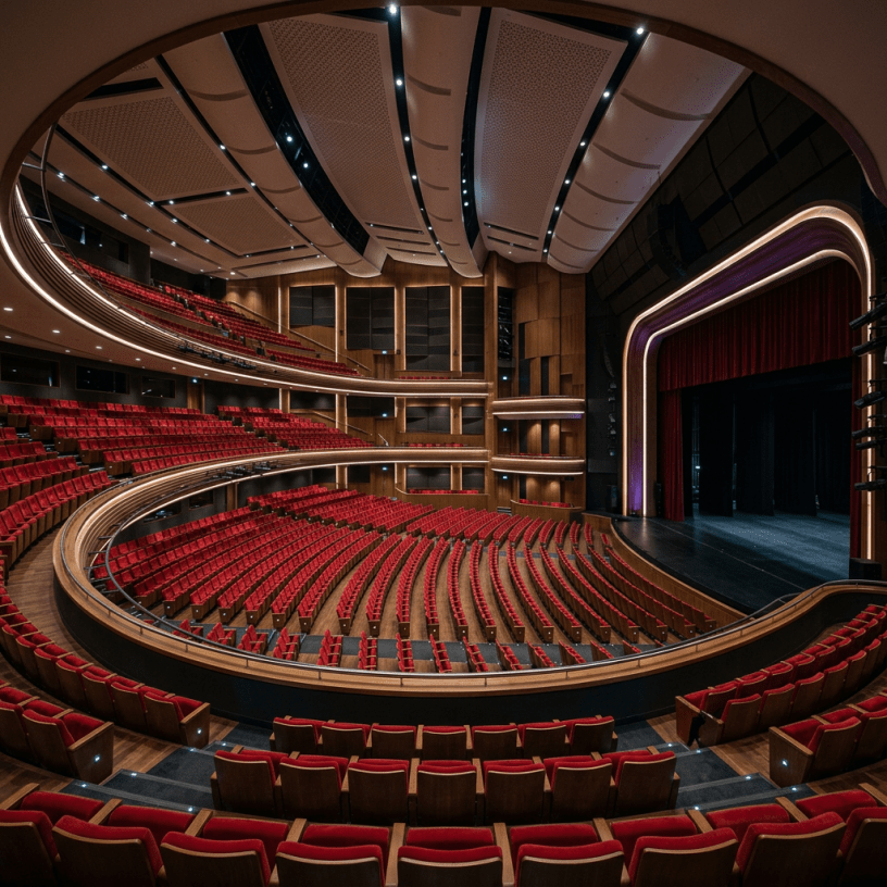 Interior of a modern theater auditorium with multiple levels of red upholstered seats facing a stage