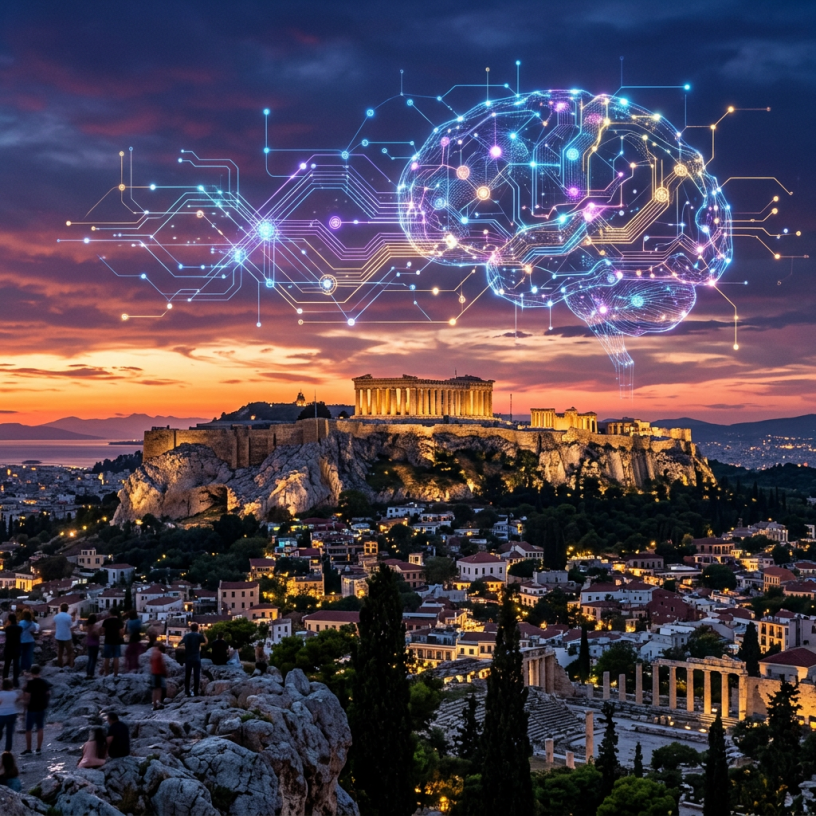Illuminated digital brain overlaying Acropolis of Athens at sunset