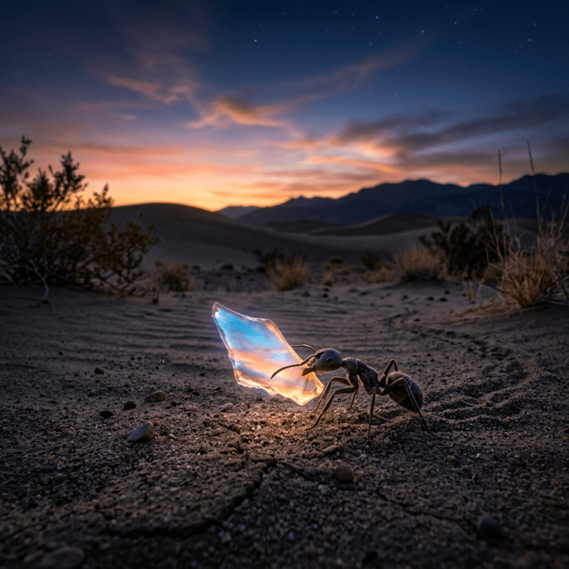 Ant walking on desert sand carrying a glowing iridescent shard at sunset