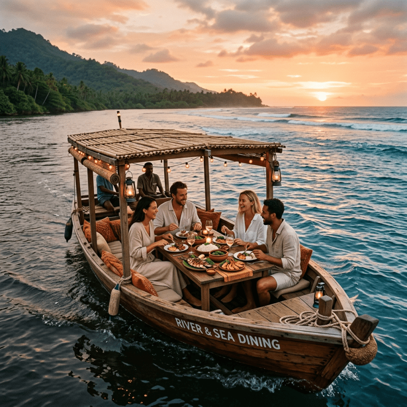 Four people dining on a wooden boat with food and drinks on a table during sunset on the ocean