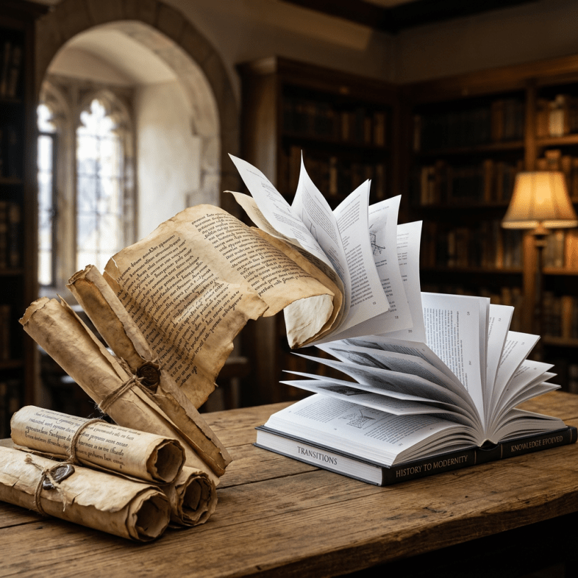 Ancient scrolls next to an open modern book on a wooden table in a library