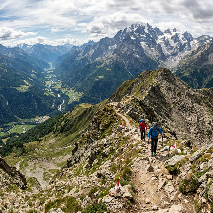 Two hikers walking along a rugged mountain trail with snow-capped peaks and a river valley below