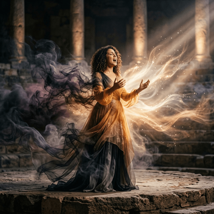 Woman in flowing dress singing with magical light and smoke effects