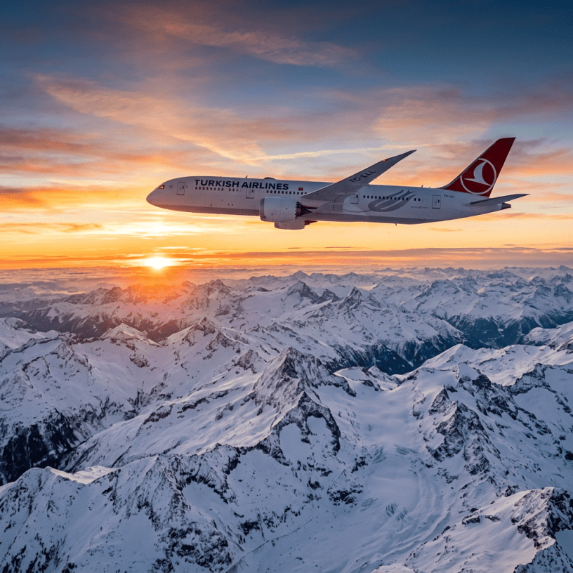 Turkish Airlines airplane flying above snow-covered mountain range during sunset