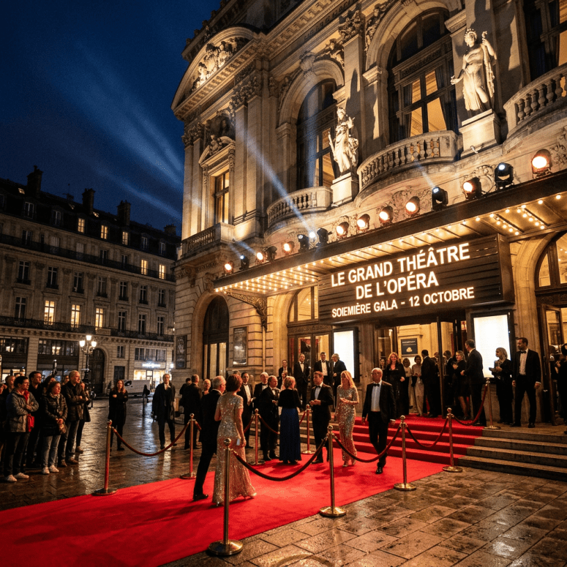 People dressed formally on red carpet outside Le Grand Théâtre de l'Opéra entrance at night