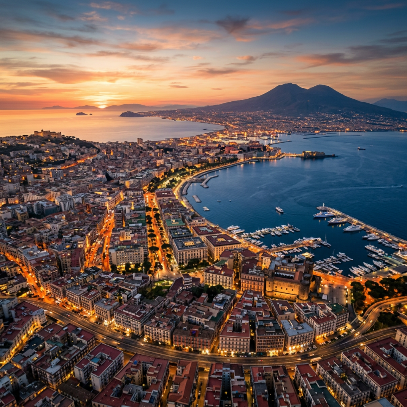 Aerial view of Naples cityscape with lit streets, coastline, marina, and Mount Vesuvius at sunset