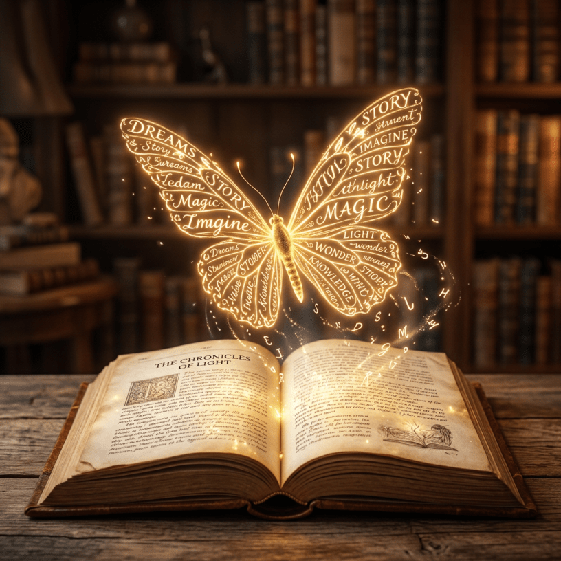 Open old book with glowing butterfly made of words above it