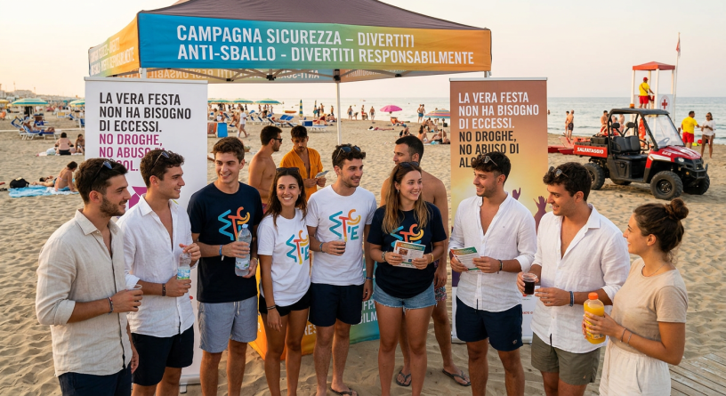 Group of young people on the beach promoting no drug and no alcohol abuse messages