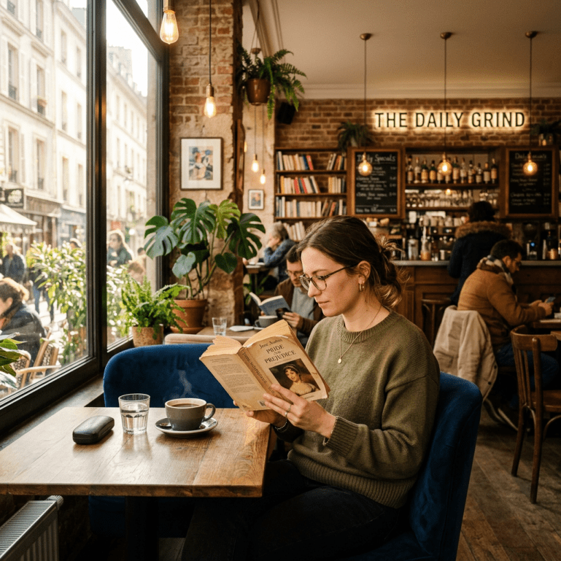 Woman reading Pride and Prejudice book in a cafe with a coffee cup on the table