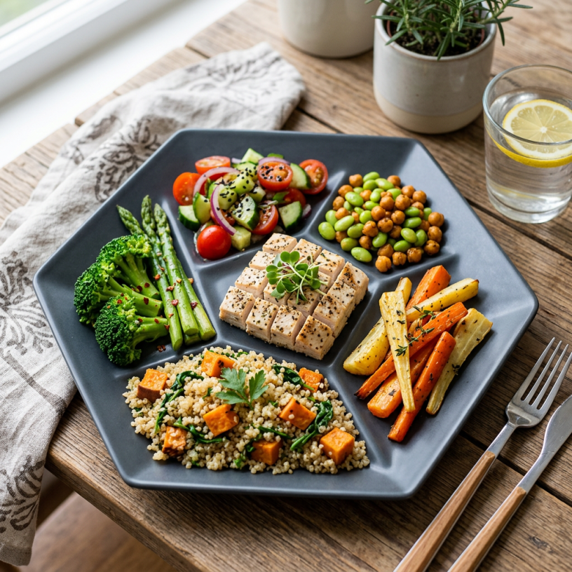 Sectioned plate with tofu, roasted vegetables, fresh salad, steamed broccoli, and couscous