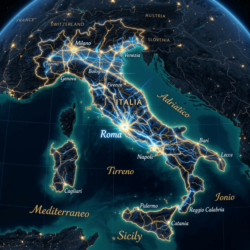 Nighttime map of Italy with glowing transportation networks connecting major cities