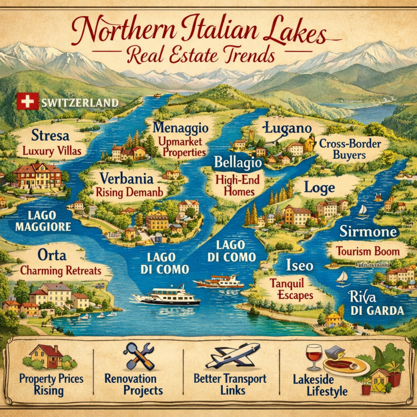Map of Northern Italian Lakes with towns and real estate trend labels