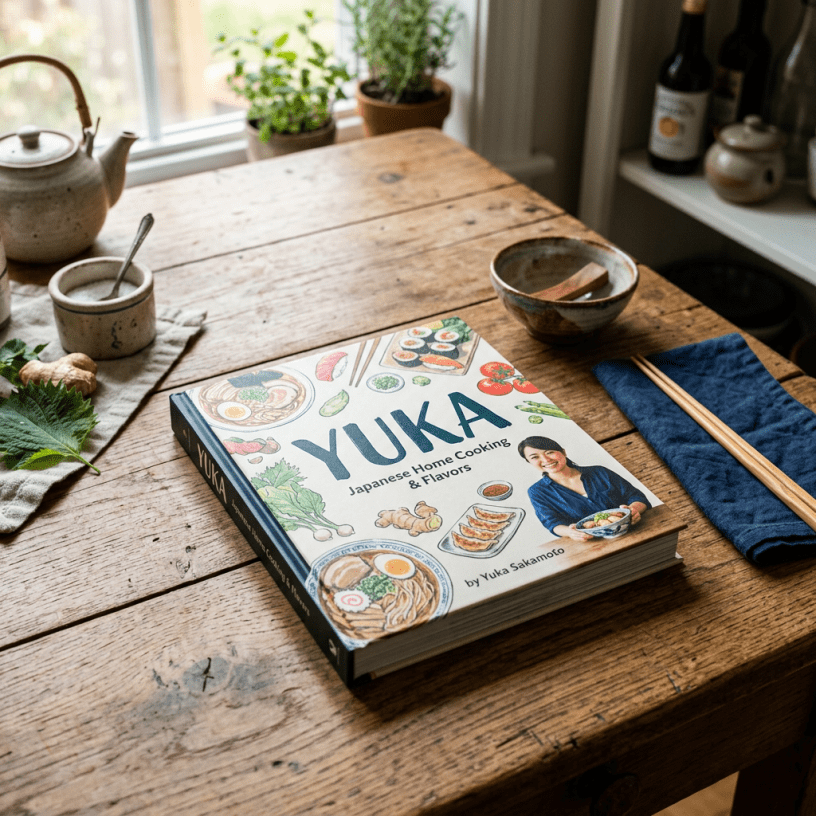 Cookbook titled 'Yuka Japanese Home Cooking & Flavors' on wooden table with chopsticks and kitchenware