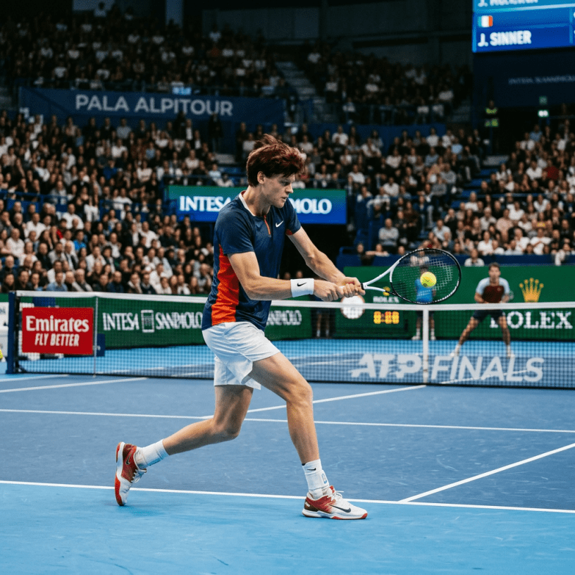 Tennis player hitting a backhand shot on indoor blue court at ATP Finals