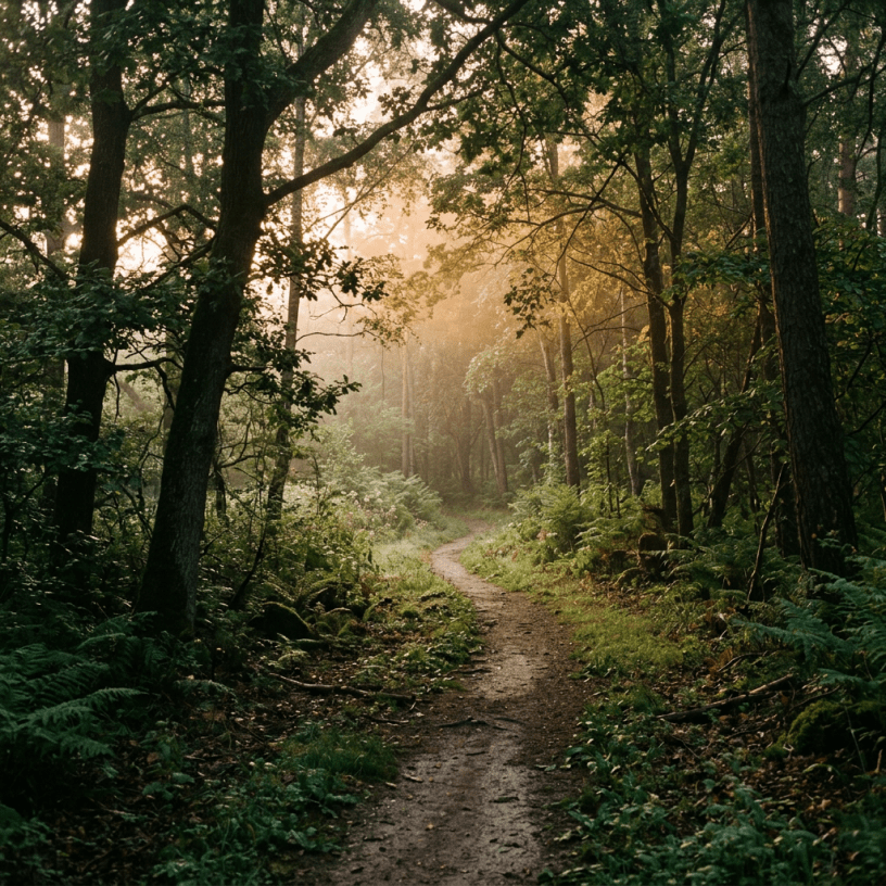 Narrow dirt path winding through dense green forest with sunlight filtering through trees