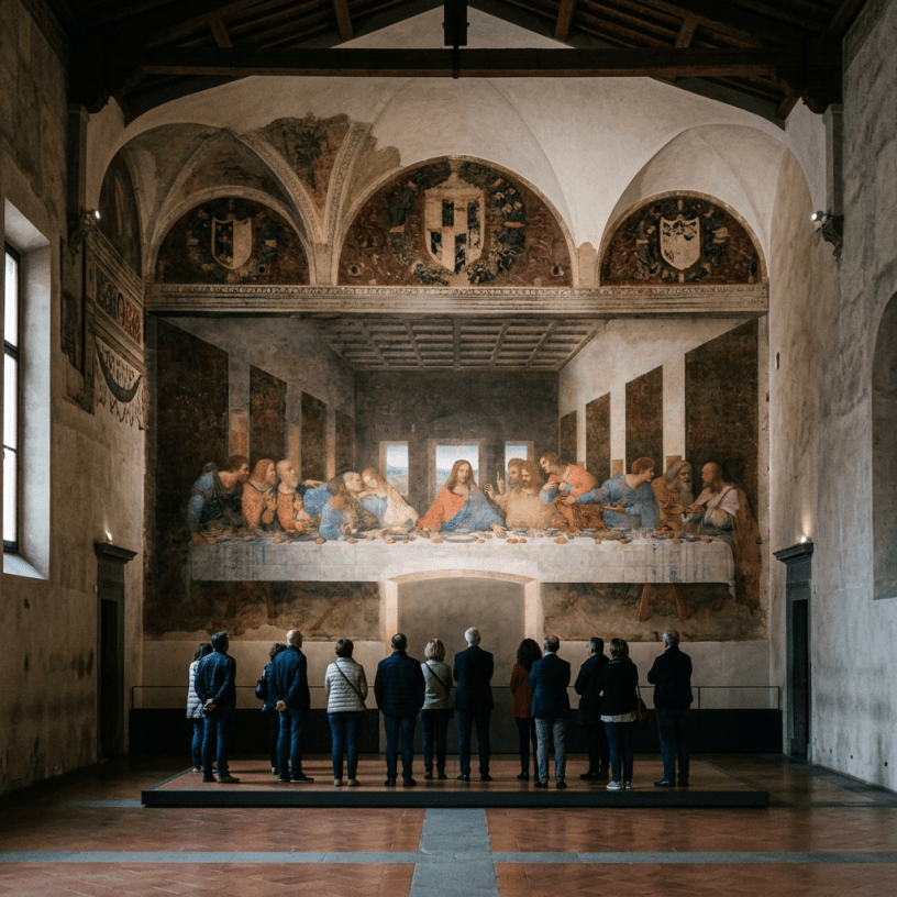Group of visitors viewing The Last Supper mural inside a large, vaulted room