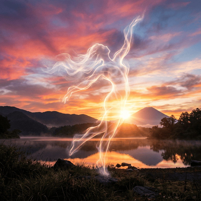 Translucent ethereal figure dancing near a lake at sunrise with mountains in background