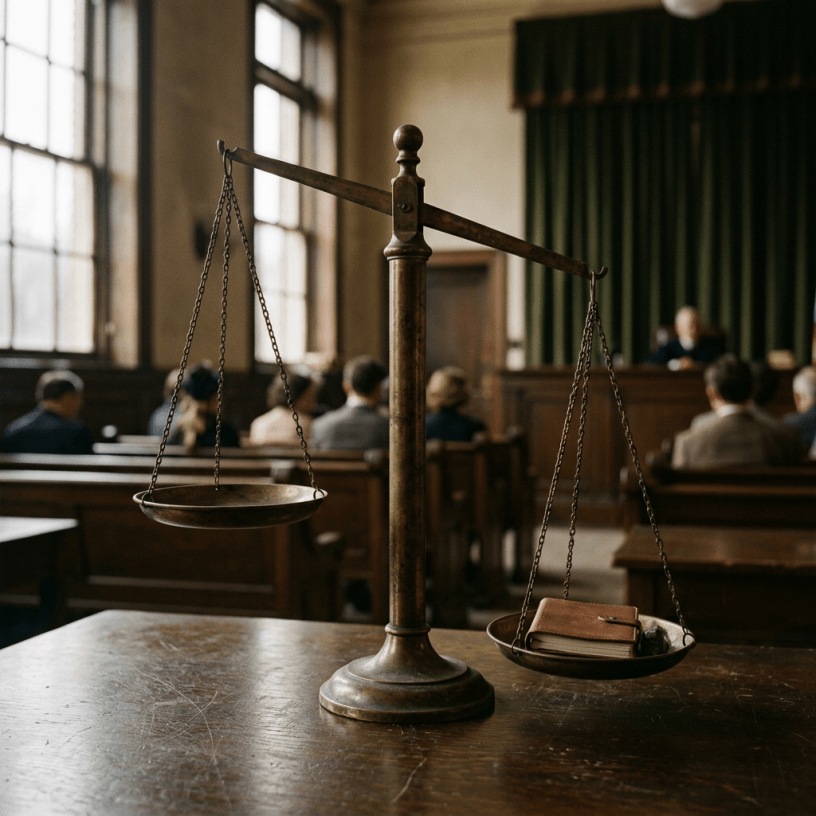 Balance scale on wooden desk with book in courtroom, people in background