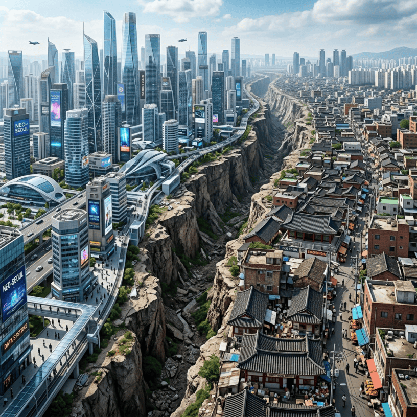 Futuristic skyscrapers on one side and traditional Korean buildings on the other side of a deep rocky canyon in Seoul