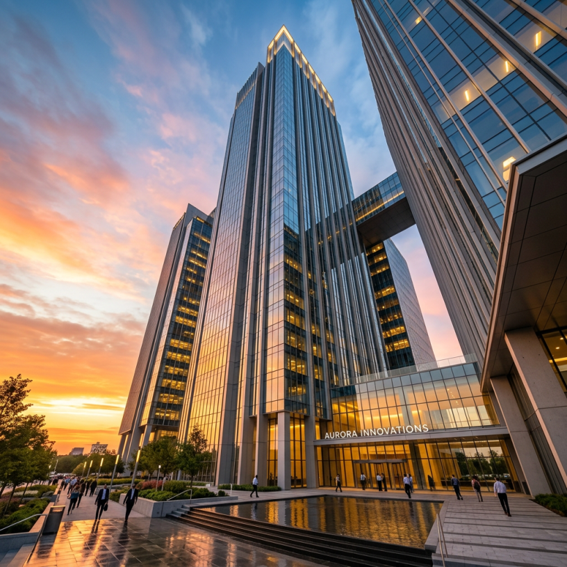 Tall glass office buildings with Aurora Innovations entrance and reflecting pool at sunset