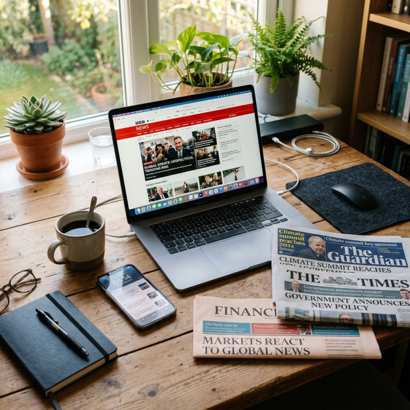 Laptop showing news website, newspapers, smartphone with news, coffee cup, notebook, and plants on wooden desk