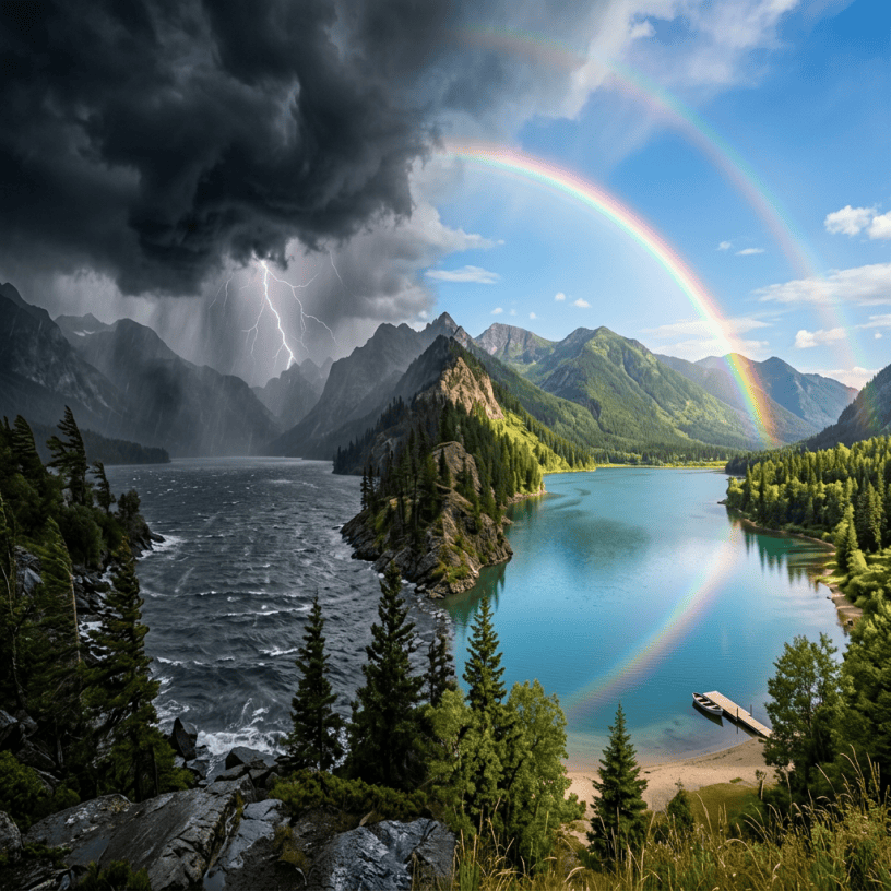 Mountain lake with storm and lightning on left, sunny sky and double rainbow on right