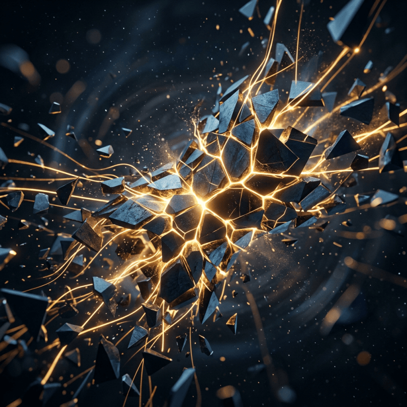 Glowing cracks and glowing energy streaks run through shattered rock pieces floating in space