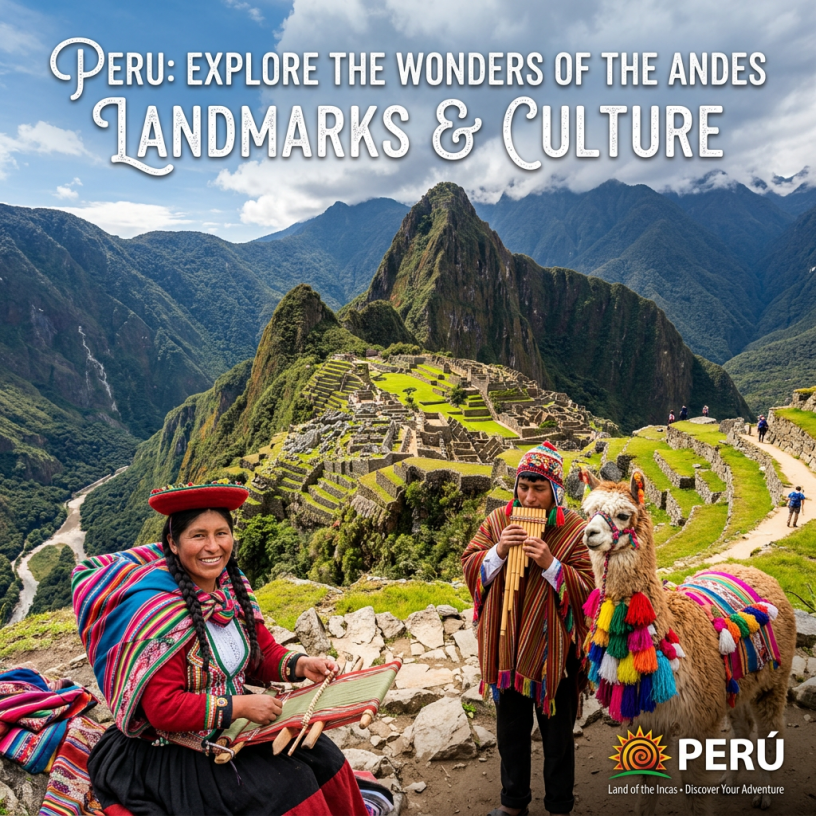 Two people in traditional Peruvian clothing with a decorated llama in front of Machu Picchu ruins