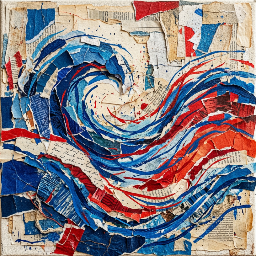 Collage artwork showing a dynamic ocean wave formed by torn blue, red, and beige papers with scattered text and paint splatters.
