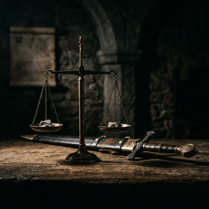 Antique balance scale with stones and medieval sword on wooden table
