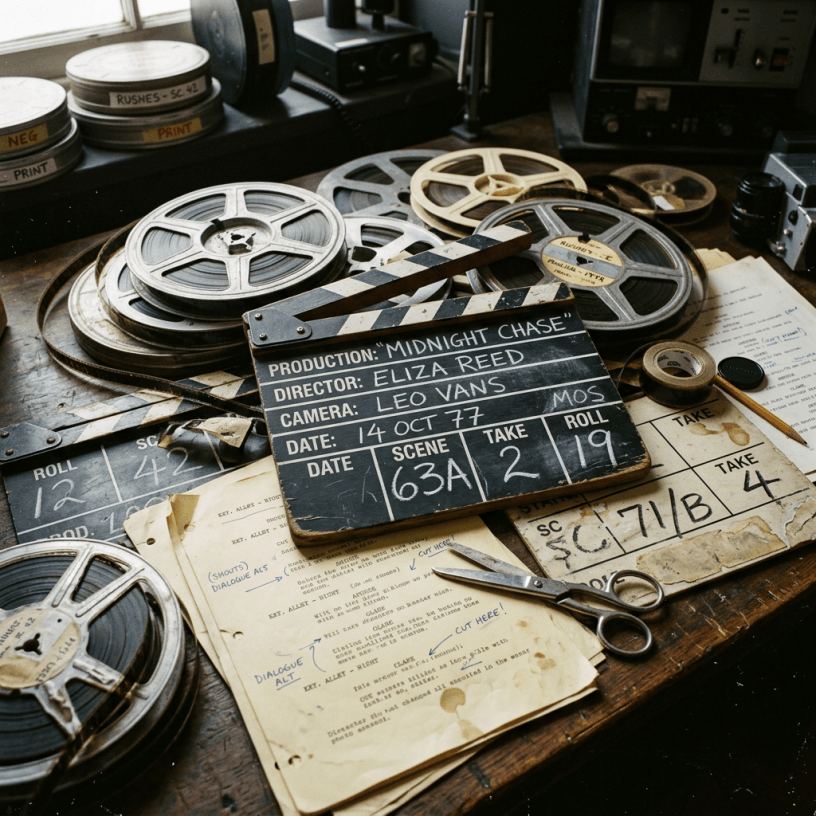 Vintage film reels, clapperboards, and handwritten scripts on a wooden desk