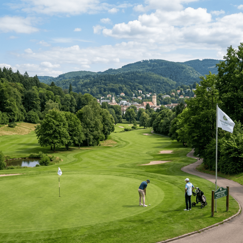 Golfer putting on green at Baden Baden golf course with town and hills behind