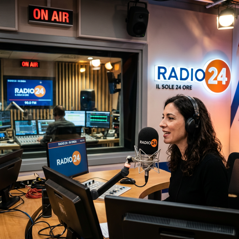 Woman wearing headphones speaking into microphone at Radio 24 studio