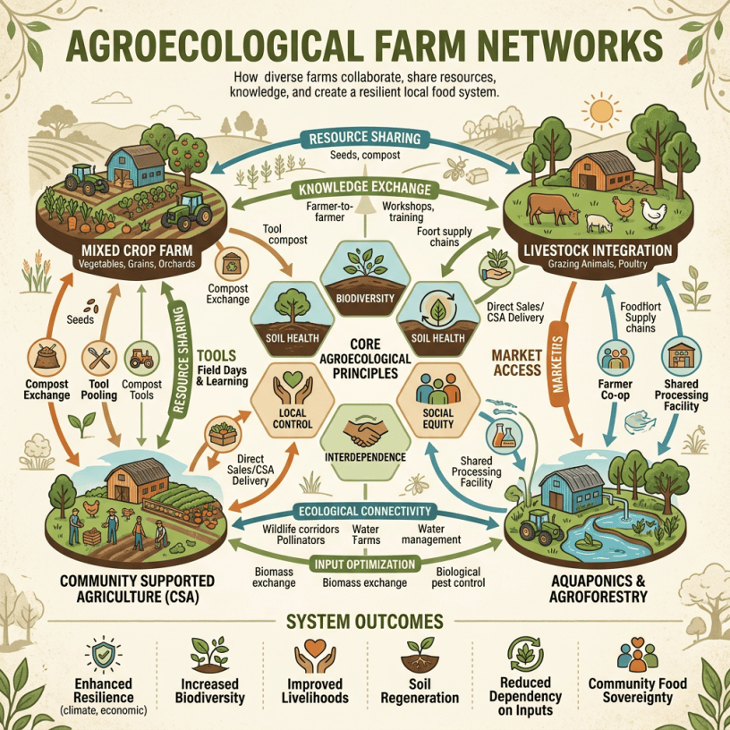 Diagram illustrating agroecological farm networks with mixed crop farm, livestock integration, CSA, aquaponics, resource sharing, knowledge exchange, and core principles.