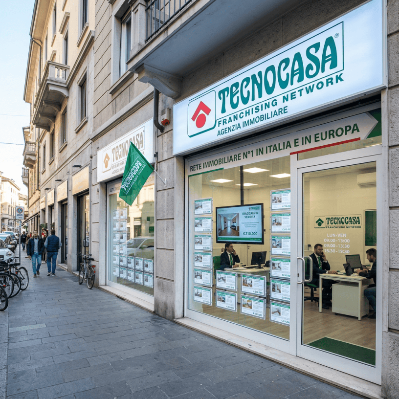 Tecnocasa real estate office with property listings in window and agents working inside