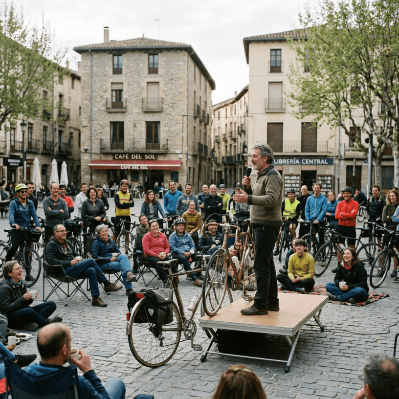 Man speaking into microphone to seated and standing crowd with bicycles in town square